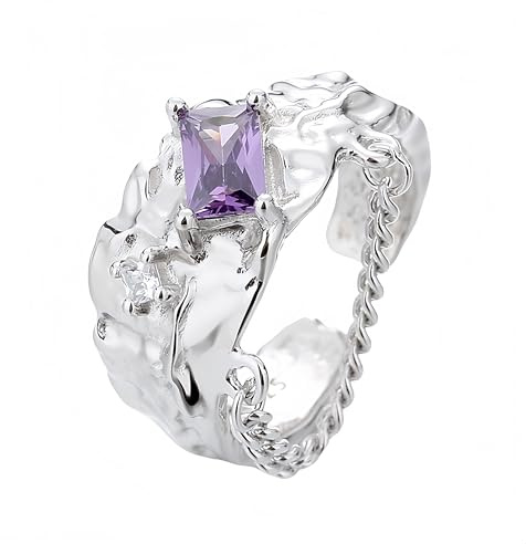 925 Sterling Silber Ringe Für Frauen Amethystring Für Damen,Silber,Statement,Unregelmäßiger Hammerschlag,Klobiges Band,Rechteckig,Natürlicher Amethyst,Geburtsstein,Versprechen,Ehering,Schmuck,Ge