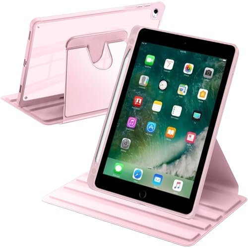 A-BEAUTY Custodia Rotante Compatibile con iPad (9,7 Pollici, 2018/2017 Modello, 6/5 Generazione) / iPad Air 2/Air 1, Antiurto Trasparente Cover, Auto Svegliati/Sonno, Rosa