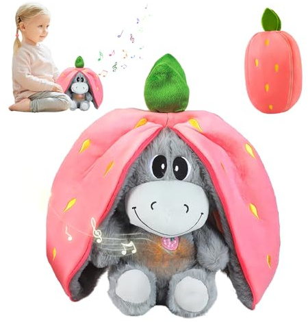 ADDLIVE Atmendes Kuscheltier, Schlummer Kuscheltier, 4 Modi Esel Kusche-ltier, Atmendes Stofftier, Erdbeer-Esel Kusc-heltier mit Atme, Musik, Licht, Atmen mit Licht für Freunde und Familie