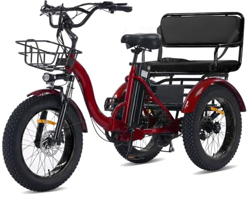 Two Seater Electric Tricycle for Adults, 750W Motor 1350W Peak, 48V 15.6Ah Removable Battery, Folding Electric Trike with Passenger Seat, 20x4 Fat Tires, Rear Differential, Hydraulic Brakes, Red