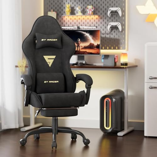 WoRaum Chaise Gamer Ergonomique,Chaise Gaming avec Massage Lombaire,Fauteuil Game Repose-Pieds Rétractable & Dossier Réglable,Confort Tissu Velours, Noir