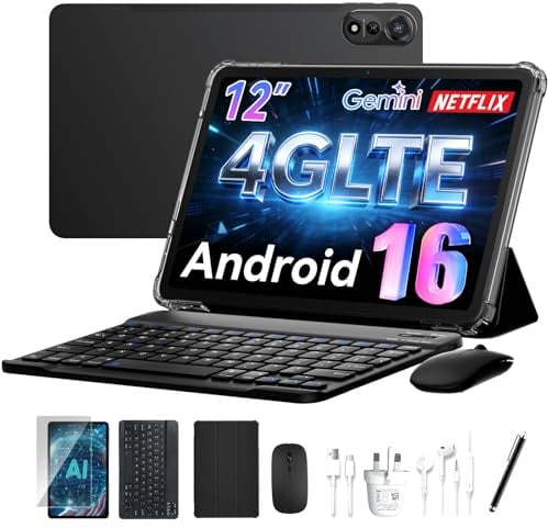 Nexall N90 Android 16 Tablet, 12 inch Tablet with Keyboard, 4G LTE/5G WiFi | Dual SIM Card Slot, 24GB+128GB/2TB, 2K, 9000mAh, Face ID, 4 Year Warranty, Widevine L1, Gray– for TV, Games & Office
