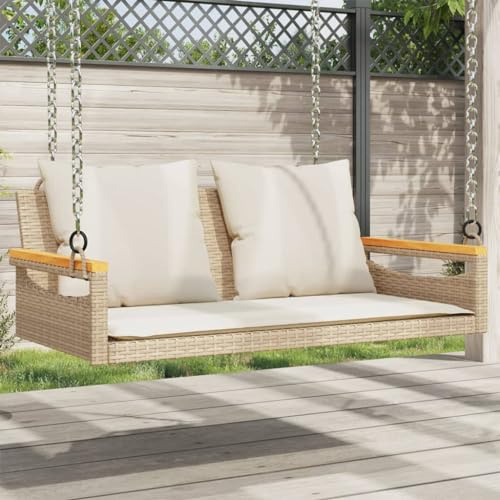 Teenpull Hängebank mit Kissen, Beige Poly Rattan, 109x62x40 cm, UV-beständig, wetterfest, für Garten & Terrasse, Hollywoodschaukel Outdoor mit weichen Polstern