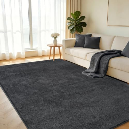 Teppich Wohnzimmer 140x200cm Flauschiger Waschbarer Teppiche Anthrazit | Teppich Kurzflor Weich Rutschfest wohnzimmerteppich Carpet für Schlafzimmer Kinderzimmer Flur und Büro