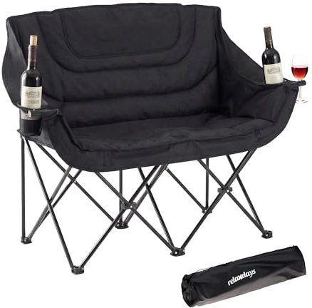 Relaxdays Camping Bank, faltbar, Tragetasche, Getränkehalter, 272 kg, Doppel Campingstuhl, Polyester & Metall, schwarz