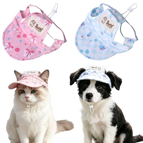 KASESSS 2 Stück Sonnenschutz Hund Baseballkappe, Hundemütze mit Ohrlöchern, Katzen Sommer Sonnenhut, Verstellbar Sonnenschutzkrempe Katzenmütze für Katzen und Welpen, Rosa und Blau, Atmungsaktiv
