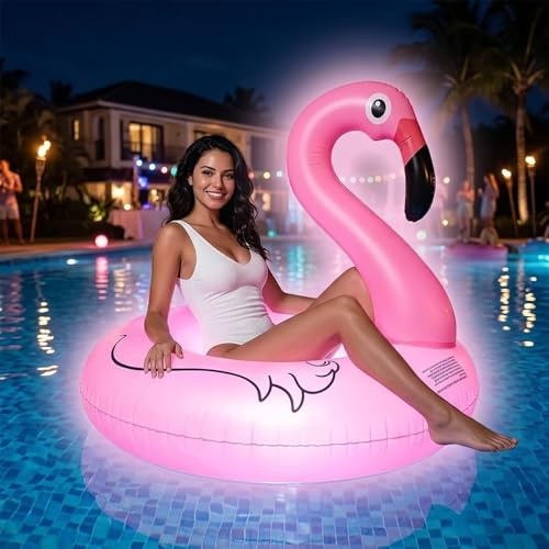 Aufblasbar Flamingo Schwimmring mit Lichtern,Solarbetriebener Schwimmreifen Flamingo,Wasser PoolFlamingo Luftmatratze,GroßerFlamingo Pool Luftmatratze