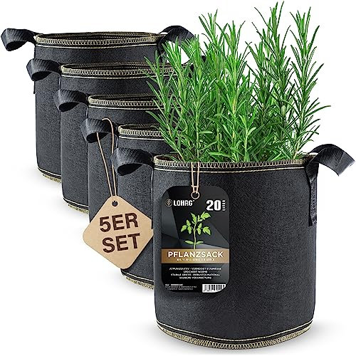 lohag® Premium Vliesstoff-Pflanzsack - 20 Liter, 5er Pack | Perfekt für Kräuter, Blumen, Gemüse & Zimmerpflanzen | Robuste, Wiederverwendbare Pflanzbeutel - Die Gesunde Alternative zum Blumentopf