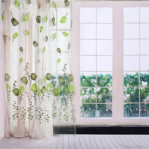 Bunte Tulpen Blumendruck Tulle Voile Vorhänge Sheer Drapieren Balkon Tür Raumteiler Schal Volants Pastoralen Dekorative Fenster 100 * 200 cm(Grün)