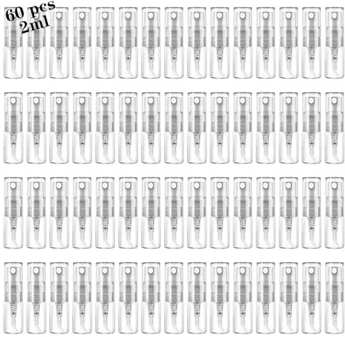 Mini Spray Bottle 2ml, Refillable Glass Spray Bottle, Glass Bottle Atomizer, Perfume Mouthwash Atomizer for Cleaning 2ml Refillable Container for Cleaning, Travel, Essential Oils, Perfume 60 Pcs, 2ml