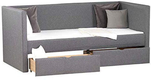 Homestyle4u 1987, Polsterbett 90x200 cm mit Bettkästen, Tagesbett Schlafcouch Gästebett Ausziehbar Grau