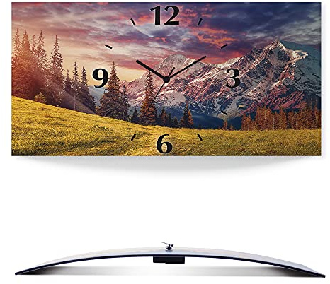 ARTLAND Wanddeko Wanduhr ohne Tickgeräusche Alu Funkuhr lautlos 50x25 cm Rechteckig Landschaft Sonnenuntergang Berge Alpen Natur Wald Gebirge U1RI