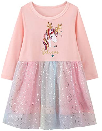 Baogaier Vestito Ragazza Cotone Estivo Abiti Vestiti Manica Lunga Tulle Rosa Animali Unicorno Ricamo Casual Bambina Bimba Paillettes Festa Gonna Paillettes Magliette Top Abbigliamento Regalo 3 4 Anni