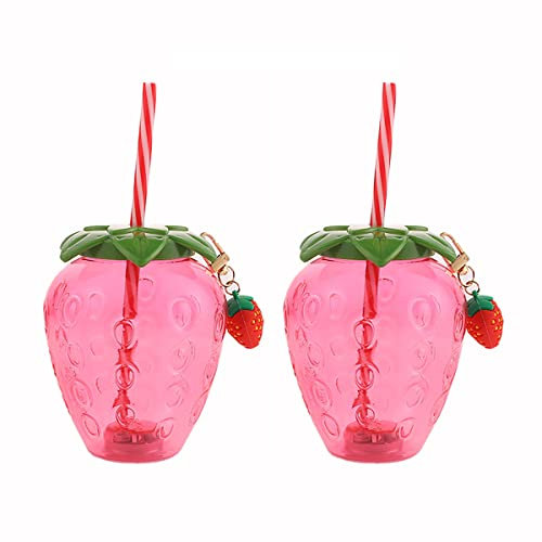 Verve Jelly Lot de 2 gobelets avec couvercle et paille Joli gobelet à fraises Bouteille d'eau en plastique réutilisable Pot de boisson froide pour piscine d'été Fournitures de fête tropicale 500 ml