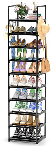 Kottwca Schuhregal mit 10 Ebenen, Metall, Schwarz - Vielseitige Haken und Holzhammer für Flur, Wohnzimmer, Schlafzimmer
