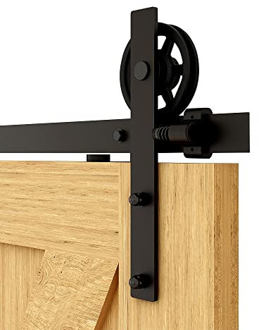 Schiebetürbeschlag 122cm Schiebetüren Schiebetürsystem Komplettset Laufschiene Rollen Set Schwarz für 1 Holztür 61cm Breit, Mittlere Rolle in I-Form