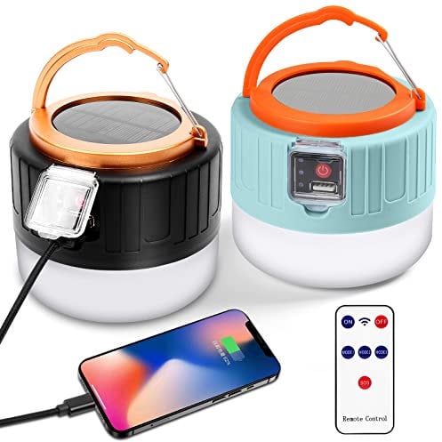 Flintronic 2 Stück Campinglampe, Solar LED Camping Laterne USB Aufladbar mit Fernbedienung, 5 Helligkeiten SOS Leuchtmodi mit Powerbank, Notfallset für Outdoor Wandern Camping Notfall Wandern Draussen