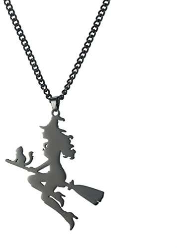 EUEAVAN Magischer Hexenbesen, Katze, Anhänger, Halskette mit fliegender Hexe, Mondsichel, Besenstab, Choker, Hexerei, Charm, Halloween-Amulett, Schmuck
