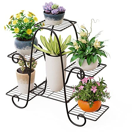 Yumyolk 6 Etagen Metall-Pflanzenständer, Blumenständer, Pflanzen Etagere, Blumenregal Blumentreppe für Wohnzimmer Innen Outdoor-Balkon Garten Terrasse, Pflanzentreppe schwarz