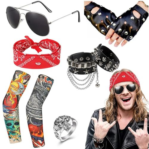 Hifot 8 Stück Punk Gothic Rocker Kostüm Zubehör 70er 80er 90er Jahre Gefälscht Temporär Tattoo Ärmel Retro Schwarz Punk Handschuhe Sonnenbrillen