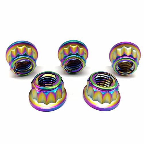 RISON-Titanium Titan Mutter M10 x 1.25mm Bi-Hex Kettenradmutter M10 Titan Mutter 12PT Flansch Kontermutter irisierend Metall Kontermutter 5 Stück