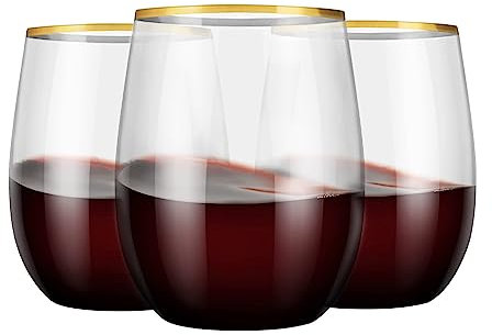 BEEPOP 350ml Vino Lot de 12, Bord Doré, Léger, Incassable, Recyclable & Clair Cristal, Verres à Vin sans Pied en Plastique Sans BPA