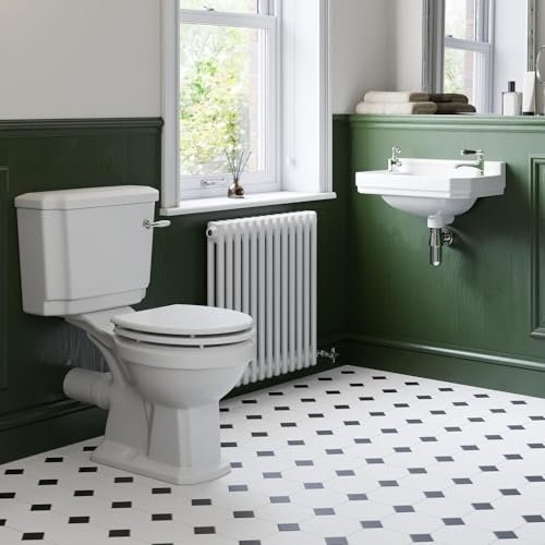 Park Lane® Cloakroom Bathroom Suite Close Coupled Single Flush Toilet WC Cistern Wall Hung Basin Soft Close Traditional Ceramic Set White Gloss