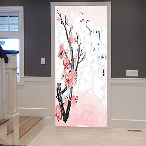 3D Sakura Flower Plant Door Sticker Peel and Stick Vinyl Wrap Door Cover Door Decal Office Door Sign Bedroom Door Sign Front Door Decor Removable Door Decal 95 X 215 Cm Door Photos