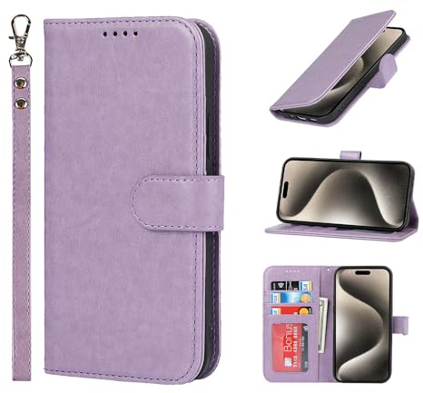 Cavor Hülle Kompatibel Mit iPhone 15 Pro Mit Band,Flip Leder Geldbörse Lederhülle,[4 Kartenfach][Ständer][Magnetisch],Klapphülle Handyhülle Kompatibel Mit iPhone 15 Pro - Violett