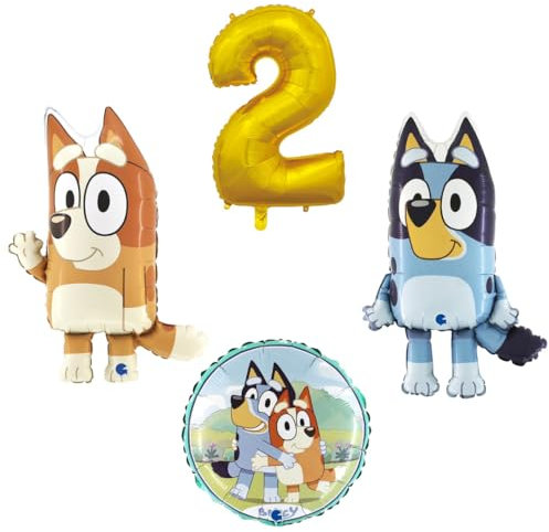 4 teiliges Ballonset mit Bluey und Bingo einer Ballonzahl mit der Nummer 2 in Gold und ein runder Ballon