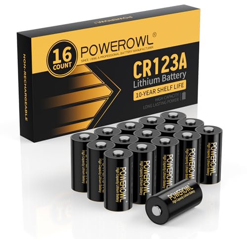 POWEROWL Batteria al litio CR123A, 3 V, 16 pezzi, 123 batterie, potenza di lunga durata, 3 Volt, 123 C123 CR17345