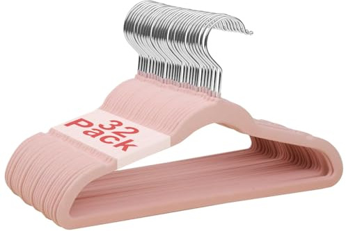 Wellong Samt Kleiderbügel 35cm für Babys und Kleinkinder 32 Stück Rosa | rutschfeste, Robuste Platzsparer mit eingekerbten Schultern & drehbaren Metallhaken