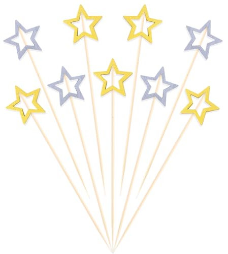 DazzJoy 50 pinchos de madera para cócteles, 12 cm, palillos de madera dorados y plateados, pinchos decorativos para cócteles, para fiestas, brochetas de frutas en forma de estrella, palillos de madera