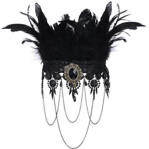JewelryWe Gothic Halsband Leder Choker: Punk Schwarz Spitze Feder Anhänger Kette Vintage Tattoo Halsreif Lederhalsband Viktorianische Halskette Kragen Damen Mädchen Halloween Cosplay Kostüm