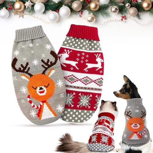 2 Stück Hundepullover Weihnachten, Katze Hund Winter Warmer Weihnachtspullover, Rollkragen Haustierpullover Welpenpullover Rentier Muster, Neujahr Party Geschenk für Kleine Hunde Katze