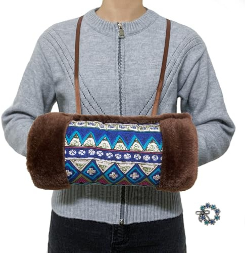 MatFirsmo Faux Fur Hand Muffs for Women Girls, Soft Plush Vintage Pattern Hand Warmer Pouch with Neck Cord, Warm Hand Muffler for Cold Weather