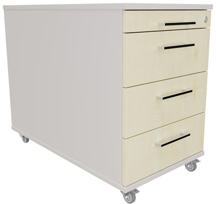 Eigentlich Rollcontainer 80 cm tief, 3 Schubladen und Materialauszug, Rollschrank B43xT80xH65 cm abschließbar, Schreibtischunterschrank versch. Farben (Korpus Lichtgrau, Front Ahorn)