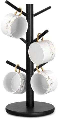 CECOMBINE Coffee Mug Holder With 6 Hooks - Black Bamboo Cup Tree With Thickened Base - Counter Storage Rack