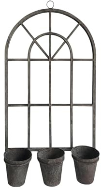 AcaciaHome Vintage Rusty Metal Wall Mirror with Triple Planter 3 Pots Holder - 70cm Arch Design, Indoor/Outdoor Large Garden & Patio Décor for Living & Garden Spaces (1, Geometric Framed)