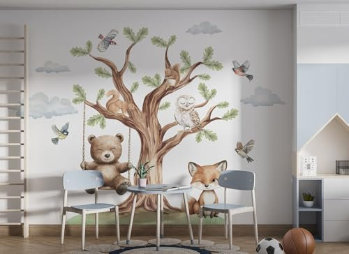 Osomhome | Wandtattoo Kinderzimmer Wanddeko Waldtiere I Wandsticker Jungenzimmer | Tapete Selbstklebend Wandbilder Jugendzimmer | Großer Baum, Teddybär auf einer Schaukel (Eiche, XL)