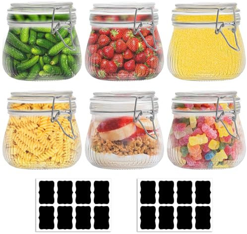 Omtofo 6 Bocaux En Verre HerméTique 500ml, Avec éTiquettes, Bocal En Verre à Rayures Avec Couvercle à Clip, Conservation HerméTique Des Aliments,Marinage Pickles Herbes éPices Confiture Conserves