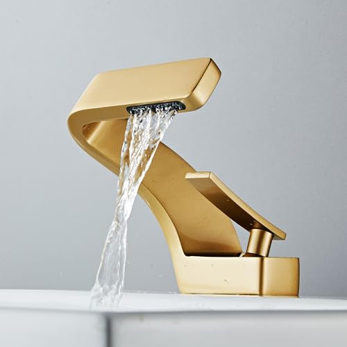 Moderno grifo de cascada con grifo mezclador de agua caliente y frío, grifo de cobre para lavabo de hotel, válvula de cerámica, instalación de un solo agujero, diseño de ahorro de agua, oro esmerilado