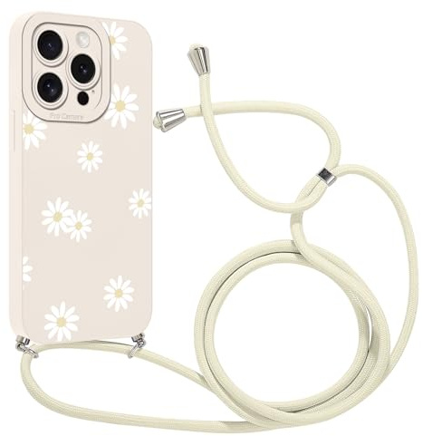Coalbooliy Handyband für iPhone 16 Pro Hülle mit Band 6,3'', Aesthetic Weiß Blume Muster Verstellbarer Halskette Handyhülle mit Kordel zum umhängen Silikon Stoßfest Schutzhülle mit Kette, 05
