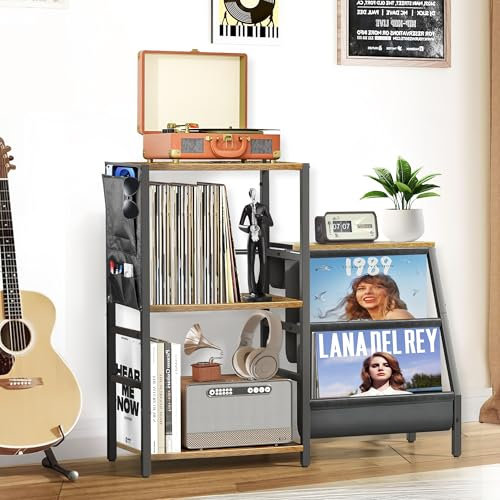 BOYUNSHI Record Player Stand, Vinyl Record Storage 4-Tier Storage Shelf End Table with Storage Bag, Turntable Table Up to 200 Albums, Record Player Cabinet for Living Room Bedroom
