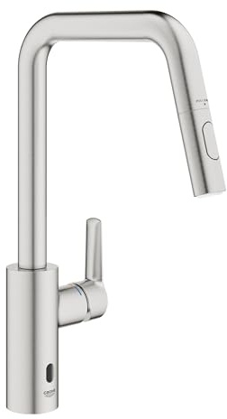 GROHE Start QuickFix Hybrid Pull-Out Kitchen Tap for Touchless or Manual Operation (High U-Spout 381 mm, 28 mm Ceramic Cartridge, 150° Swivel Area, Dual Spray, Tails 3/8 Inch), Supersteel, 101243DC00