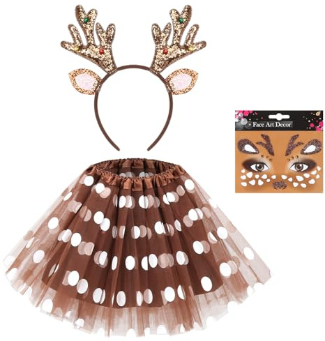 Meleager Costume Renna Bambina - Cerchietto Renna, Tutu Gonna Marroni, Tatuaggio Viso Cervo, Vestito da Animale Bambini per Natale, Carnevale, Feste di Compleanno