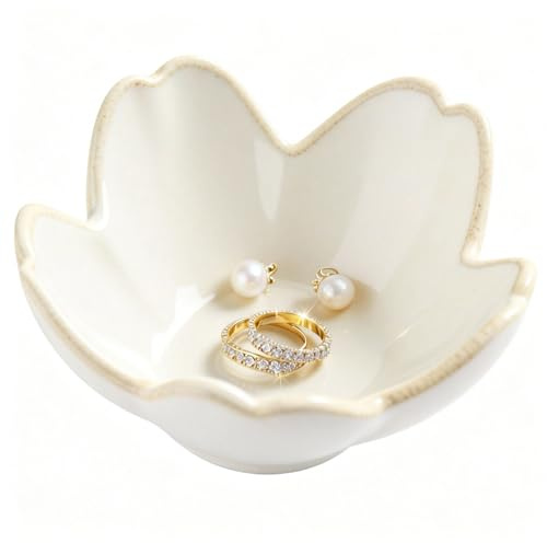 Pearl White Flower Jewelry Dish Ceramic Ring Holder Tray Small Ring Dish | Cute Trinket Bowl, Aesthetic Nightstand/Bathroom Decor, Women's Gift for Christmas, Birthday, Mother's Day, Anniversary