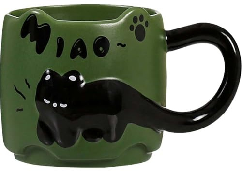 ZONSUSE Taza Gato Negro Creativa, Taza de Cerámica 3D con Cola como Asa, Taza Animal Kawaii para Café Desayuno, Regalo para Mujeres Niñas Niños Amantes de Gatos, 380ml (Gato Negro-Verde)