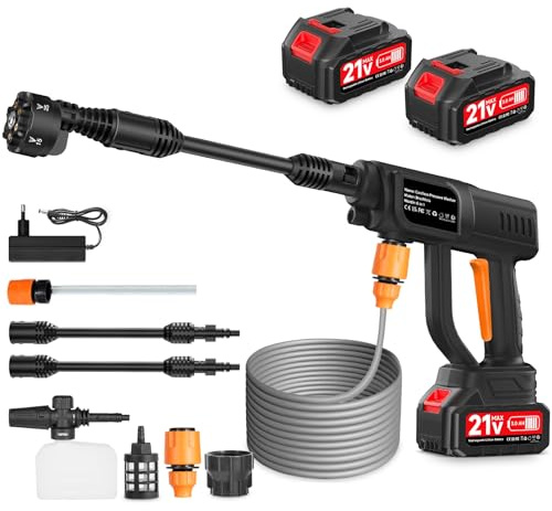 Bellanny Akku Hochdruckreiniger, 120Bar Druckreiniger Pistole, 21V Tragbarer Hochdruckpistole, Waschpistole mit 3,0Ah Akkus,6-in-1 Düse,5M Schlauch,Schaumsprüher, Pressure Washer für Auto Boden Zaun