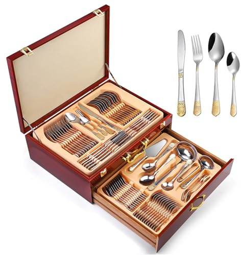 TALCUS Juego de Cubiertos de Acero Inoxidable, Cubiertos de 72 Piezas for 12 Personas, Incluye Tenedores y Cucharas, Ideal for Hogar y Eventos, Vajilla Coleccionable con Estuche de Regalo(D)